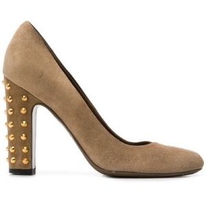 Gucci Tortora Suede Studded Block Heel Pumps 37.5 with Dust Bag